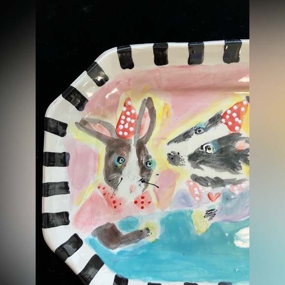 Bunny’s Tea Party “Handmade Ceramic 8 Sided Platter 13”x10” - Picture 3 of 11